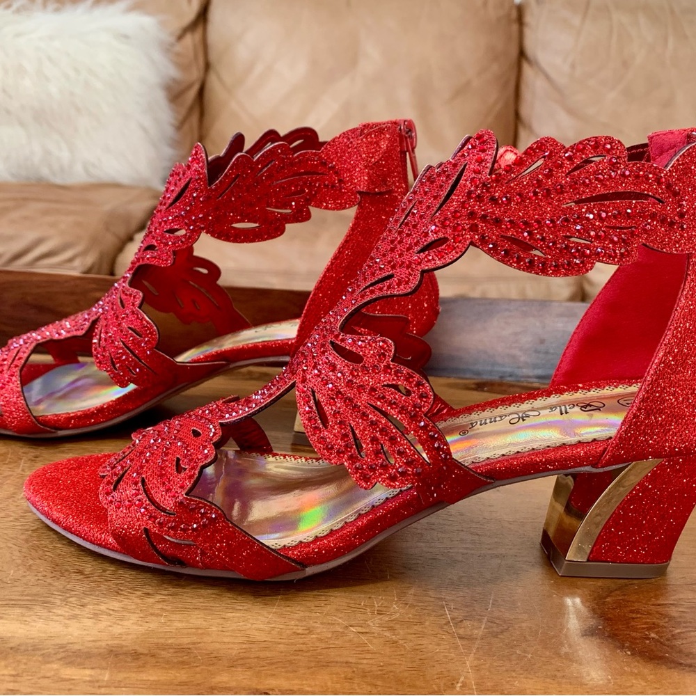 Red Rhinestone Open Toe Heels - Picture 3 of 6